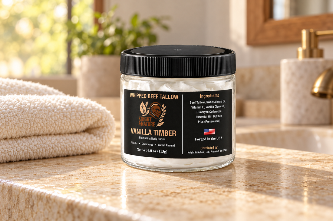 Vanilla Timber tallow body butter beside folded towels on a sunlit bathroom counter